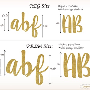May include: Two sizes of gold glitter letter banners, one with the letters "abf" and the other with the letters "AB". The banners are shown with measurements in inches. The smaller banner is 4 to 7 inches tall and the larger banner is 5.5 to 9 inches tall.