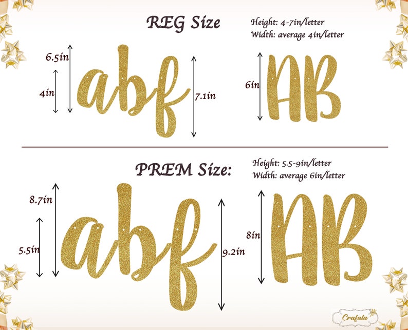 May include: Two sizes of gold glitter letter banners, one with the letters "abf" and the other with the letters "AB". The banners are shown with measurements in inches. The smaller banner is 4 to 7 inches tall and the larger banner is 5.5 to 9 inches tall.