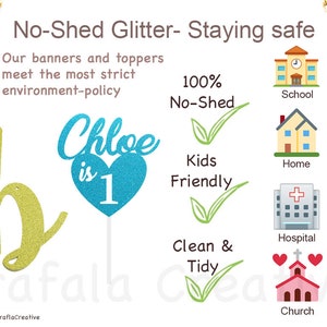 May include: A gold glitter letter "b" and a blue glitter heart with the text "Chloe is 1" on a stick. The image also includes text about no-shed glitter and its safety for children. The text also mentions that the glitter is 100% no-shed, kid-friendly, clean and tidy.