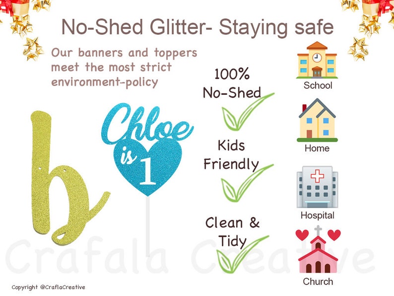 May include: A gold glitter letter "b" and a blue glitter heart with the text "Chloe is 1" on a stick. The image also includes text about no-shed glitter and its safety for children. The text also mentions that the glitter is 100% no-shed, kid-friendly, clean and tidy.