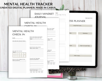 May include: A printable digital planner for tracking mental health. The planner includes sections for daily mindset journaling, a mental health check-in, and a stress planner. The planner is designed in a minimalist style with black text on a white background.