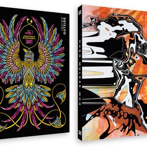 Może przedstawiać: Dwie okładki książek z tytułem "Inside Outside" i autorem "Hugo Mulder Who". Okładka po lewej stronie przedstawia kolorową, skomplikowaną ilustrację feniksa na czarnym tle. Okładka po prawej stronie przedstawia kolorową, abstrakcyjną ilustrację twarzy człowieka na czarnym tle.