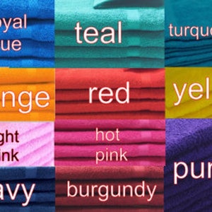 May include: A collection of towels in various colors, including royal blue, teal, turquoise, orange, red, yellow, light pink, hot pink, purple, navy, and burgundy.