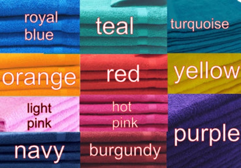 May include: A collection of towels in various colors, including royal blue, teal, turquoise, orange, red, yellow, light pink, hot pink, purple, navy, and burgundy.
