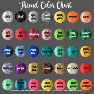 Puede incluir: Una tabla de colores de hilo muestra una variedad de colores, incluyendo blanco, negro y varias tonalidades de rosa, azul, verde y amarillo. La tabla incluye el texto "Thread Color Chart" en la parte superior y las palabras "Custom Gifts" en la parte inferior.