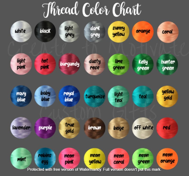Puede incluir: Una tabla de colores de hilo muestra una variedad de colores, incluyendo blanco, negro y varias tonalidades de rosa, azul, verde y amarillo. La tabla incluye el texto "Thread Color Chart" en la parte superior y las palabras "Custom Gifts" en la parte inferior.