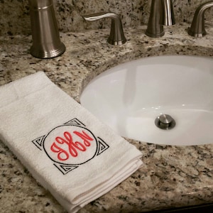 Monogrammed Hand Towel: Decorative Square Initial, Personalized Bathroom Decor