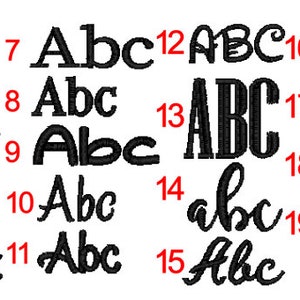 May include: A collection of 19 different font styles for the letters "ABC" in black. The fonts range from simple to ornate and include both uppercase and lowercase letters.