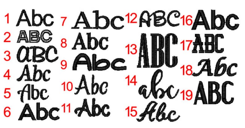 May include: A collection of 19 different font styles for the letters "ABC" in black. The fonts range from simple to ornate and include both uppercase and lowercase letters.