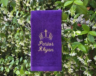 Monogrammed Cross And Bible Fingertip Towel: Personalized Pastor Gift (11x18 inches)