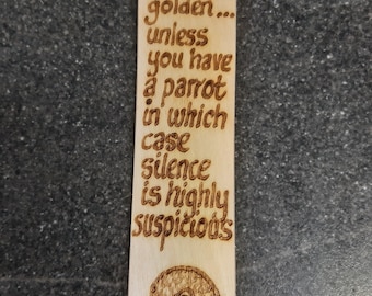 Bookmark - parrot theme - pyrography wooden bookmark tag unique gift - "Silence is golden ... and highly suspicious! - FREE personalisation