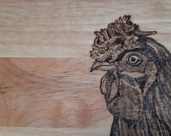 Chicken, Hen, Poultry, Bird wooden chopping board. Woodburned pyrography design firedrawn entirely by hand - FREE personalisation available