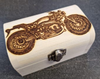 Motorbike, Motorcycle wooden treasure chest - gift box, trinket, storage box - hand burned pyrography with FREE personalisation on request.