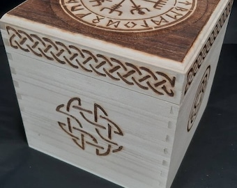 Viking Celtic design large wooden cube treasure chest with lift off lid - pyrography woodburned design - FREE PERSONALISATION