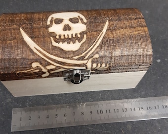Pirate Jolly Roger skull and crossbones stylised wooden treasure chest gift jewellery box - can be personalised FREE on request.