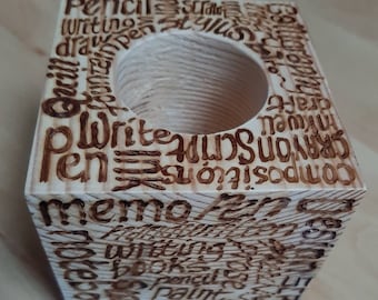 Writing drawing design - wood pen block pen holder paperweight - hand drawn designed pyrography - this can be personalised FREE on request.