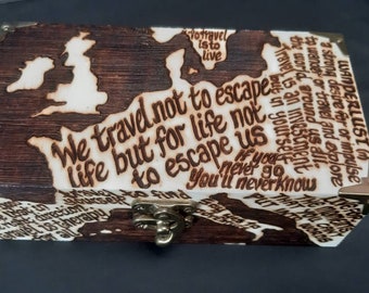 Travel themed wooden box - holiday, travel, success, wander, explore - European map stylised wood burned pyrography - FREE PERSONALISATION