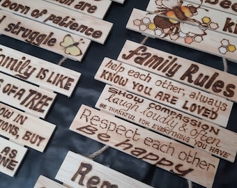 Wooden hanging sign - love, family, be kind, success - pyrography hand drawn - select a design or request your own FREE personalisation