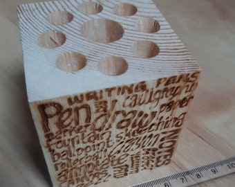 Pen and writing design - wooden pen block pen holder paperweight - hand drawn pyrography - this can be personalised FREE on request.