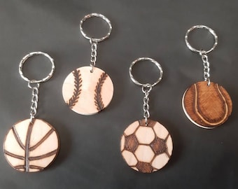 Sports Keyring - Football, Tennis ball, Basketball, Baseball designs - pyrography wooden keyring hand drawn - FREE PERSONALISATION
