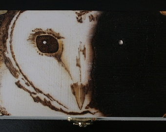 Barn Owl nightime moody portrait stylised wooden treasure chest gift jewellery box - can be personalised FREE on request.