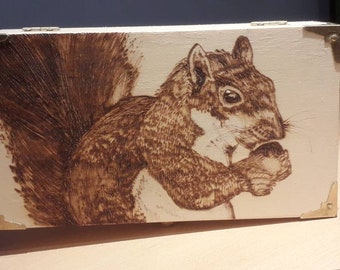 Squirrel with nut portrait wooden treasure chest gift jewellery box - can be personalised FREE on request.