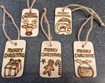 Christmas Tags/Bookmarks, pack of 5, handmade pyrography (woodburned) designs, festive, santa, reindeer, present + free personalisation