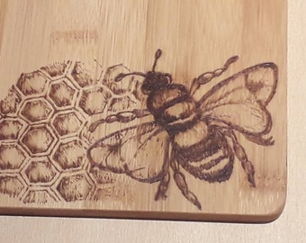 Bee honeycomb wooden chopping board - with hand designed pyrography firedrawn bee design