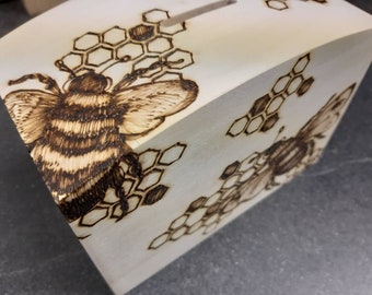 Bee Bumblebee wooden money box, piggy bank, pyrography, wood burned, hand drawn - with FREE personalisation