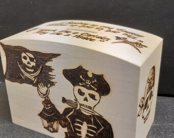 Pirate Captain sailor wooden money box, piggy bank, pyrography, wood burned, hand drawn - with FREE personalisation