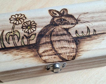 Rabbit, bunny design, wooden chest, gift, jewellery, trinket, storage box - hand drawn wood burned - can be personalised FREE on request.
