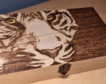 Tiger - hand drawn pyrography woodburned wooden treasure chest gift jewellery box -  personalised FREE on request.