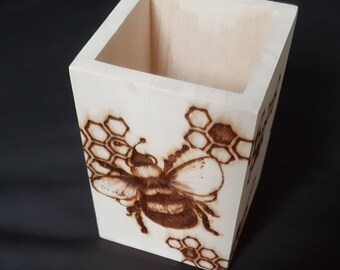 Bee Bumblebee stylised wooden pen pot - hand drawn and designed - this can be personalised FREE on request.