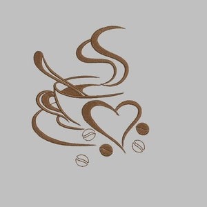 May include: A brown stylized illustration of a coffee cup with steam rising from it, a heart shape, and coffee beans.