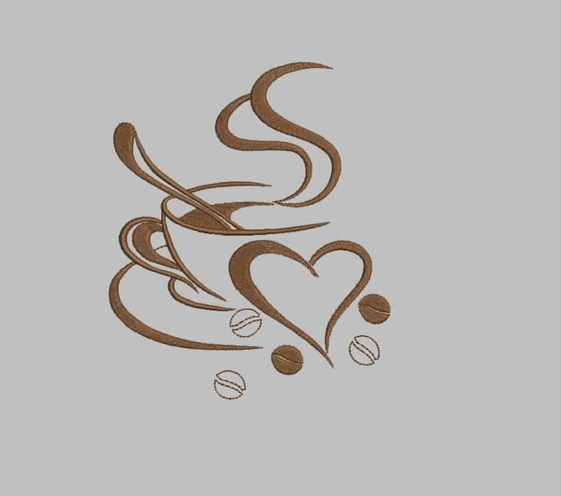 May include: A brown stylized illustration of a coffee cup with steam rising from it, a heart shape, and coffee beans.