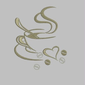 May include: A stylized illustration of a coffee cup with steam rising from it, a heart shape, and coffee beans scattered around it. The design is in a beige color.