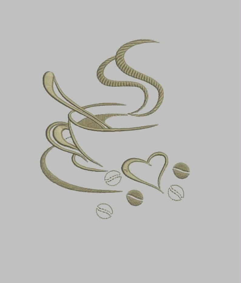 May include: A stylized illustration of a coffee cup with steam rising from it, a heart shape, and coffee beans scattered around it. The design is in a beige color.
