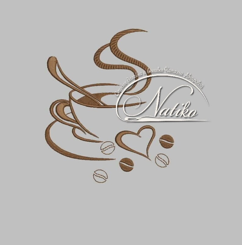 May include: A brown stylized illustration of a coffee cup with steam rising from it, a spoon, a heart, and coffee beans. The text "Natiko" is written in a cursive font.