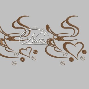 May include: Two brown coffee cups with steam rising from them, each with a spoon inside. The cups are on saucers with hearts and coffee beans around them.