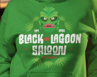 Black Lagoon Saloon Hoodie , Halloween Creature Hooded Sweatshirt , Spooky Monster top ,  Haunted Location apparel , Fun Creepy Gift for her