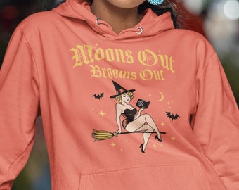 Moons Out Brooms Out Hoodie , Sexy Witch on Broomstick Sweatshirt , Haunted Halloween apparel , Supernatural Spell book, Fun gift for her