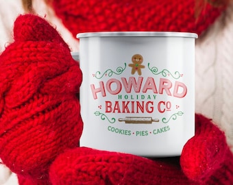 Holiday baking coffee mug, Christmas gingerbread man enamel cup, Gift for baker, Matching Holiday campfire mug, Cute Stocking Stuffer