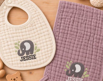 Baby Elephant Bib Set, Personalized Baby Bib and Burp Cloth, Embroidered Baby Shower Gift, Custom Name Keepsake, Jungle Theme Nursery Gift