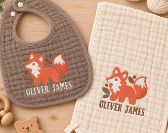 Woodland Fox Baby Set, Personalized Baby Bib and Burp Cloth, Embroidered New Baby Gift, Custom Name Keepsake, Forest Theme Baby Shower Gift