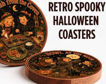 Retro Halloween Coasters, Fresh From the Coven Witch, Vintage Spooky Witch Wood Coaster Set, Fall Autumn Hostess Gift, Home Bar Decor Gift