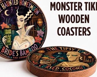 Monster Tiki Wood Coaster, Spooky Tiki Bar Decor, Retro Horror Set, Tropical Goth Drink Coasters, Mid Century Barware, Bride of Frankenstein