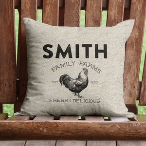 Personalized farm pillow cover // Custom linen throw pillow // Vintage farmhouse decor //  Housewarming gift for couple // Chicken farm logo