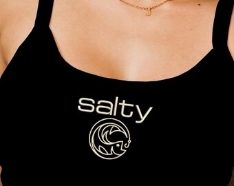 Salziges Fisch besticktes Tanktop, Ozean-Liebhaber-Behälter, minimalistischer Wellenbehälter, Strandlebensbehälter, einfaches Fischstickereibehälter, Geschenk für Angelliebhaber