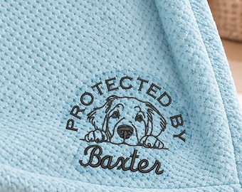 Protected By Your Dogs Name Fleece Baby Blanket, Embroidered New Baby Gift, Dog Mom Keepsake, Babys Best Friend, Golden Retriever Mom Gift
