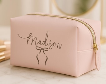 Kokette Schleife Kosmetiktasche, personalisierte benutzerdefinierte Make-up-Tasche, Brautparty Geschenk, Laser gravierte Name und einfache Schleife, Spaß Kokette Ästhetik